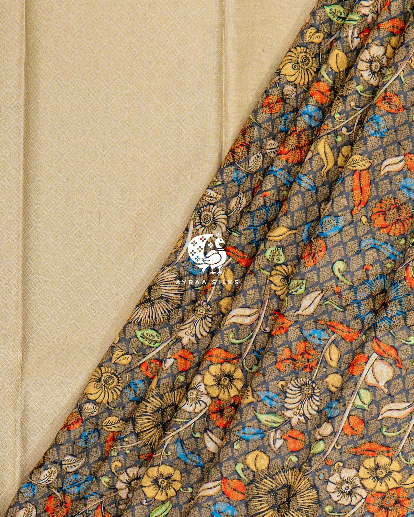 Slate Kalamkari Kanchipuram Saree