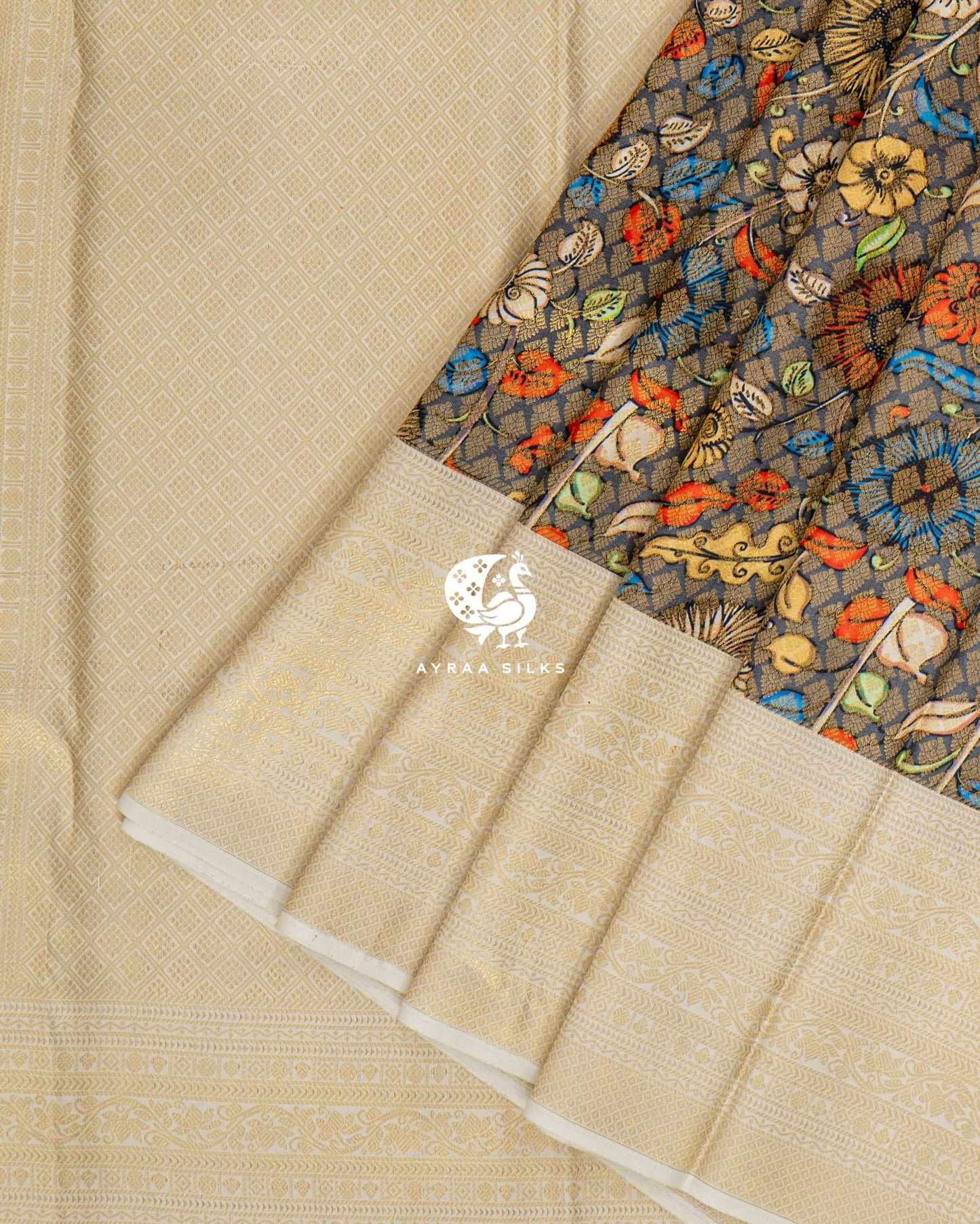 Slate Kalamkari Kanchipuram Saree