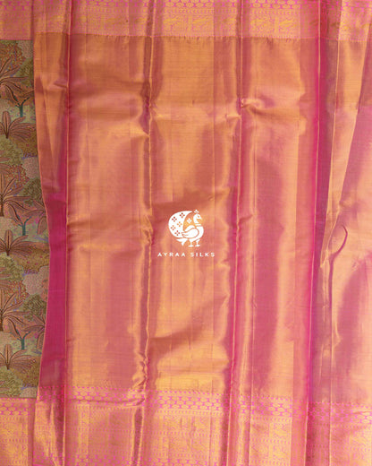 Rose Bloomscape Kanchipuram silk saree in soft rose with pink and gold, view 6 of 12 — pure silk, Ayraa Silks