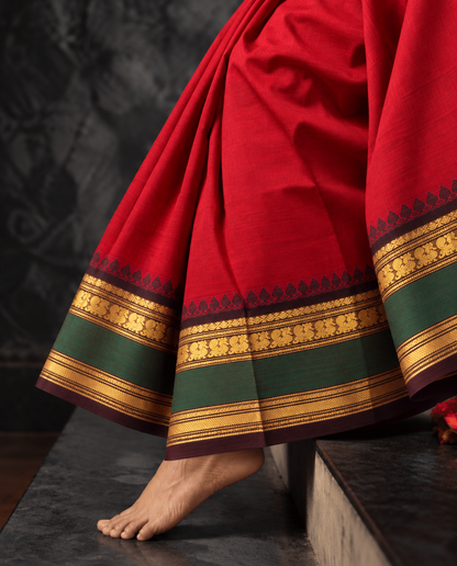 Red Kanchi cotton saree with black temple border, gold zari paisleys and green band — handwoven pure cotton by Ayraa Silks